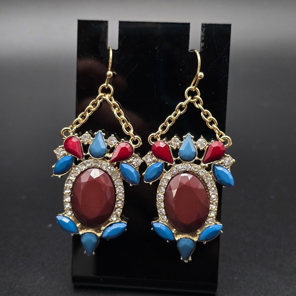 Burgundy Blue Acrylic Rhinestone Earrings Dangle